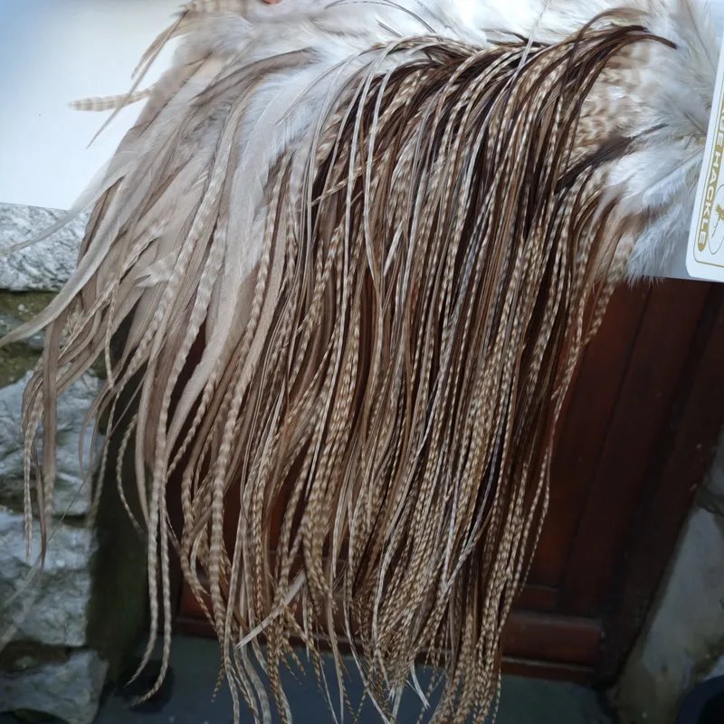 Whiting Heritage Hackles Rooster Saddle in Mixed Colours L Dun Grizzly Splashed with Natural Dun/ Chocolate Brown  Approx Tying Size 12/14/16 and a few 18	-6