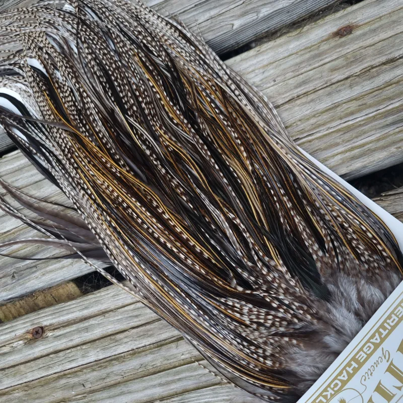 Whiting Heritage Hackles Rooster Saddle in Mixed Colours M Grizzly/Golden Badger/Speckled Badger/Natural Black  Approx tying sizes 10/12 some 14
