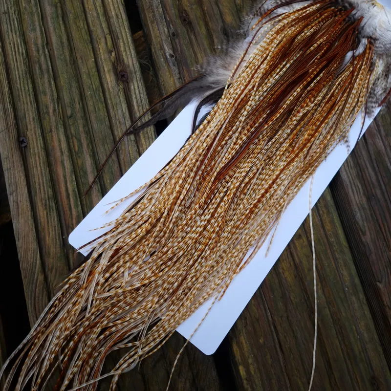 Whiting Heritage Hackles Rooster Saddle in Mixed Colours M Light/Medium and Dark Barred Ginger with a good splashing of Brassy Dun and a few Furnace down the centre Approx tying sizes 12/14/16/18-10