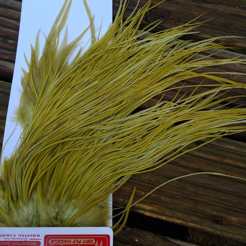 Whiting PRO-GRADE Dry Fly Rooster Saddle in White Dyed Olive A  Tying Approx  some 10 and stuffed with 12/14-3