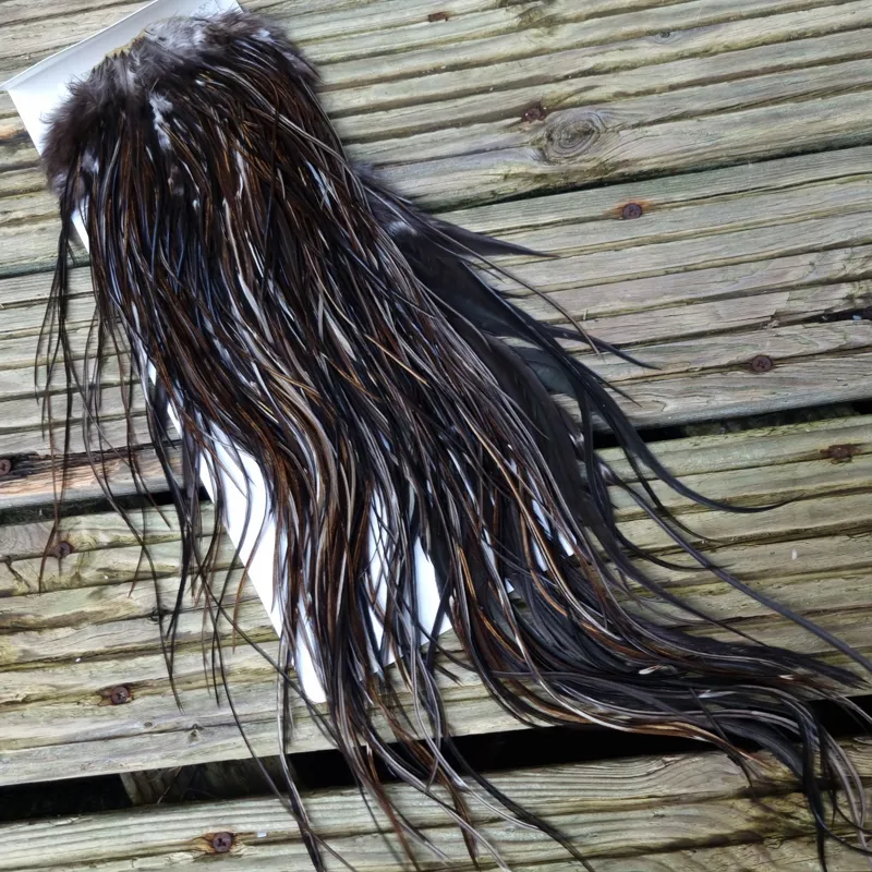 Whiting Heritage Hackles Rooster Saddle in Mixed Colours S Very Dark Chocolate Brown/ VERY Dark Speckled Badger/ Speckled Badger and splashed Unique Variant Hackles  Approx Tying Sizes 12/14/16-2