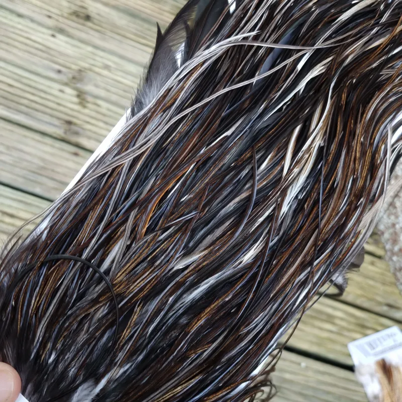 Whiting Heritage Hackles Rooster Saddle in Mixed Colours S Very Dark Chocolate Brown/ VERY Dark Speckled Badger/ Speckled Badger and splashed Unique Variant Hackles  Approx Tying Sizes 12/14/16-4