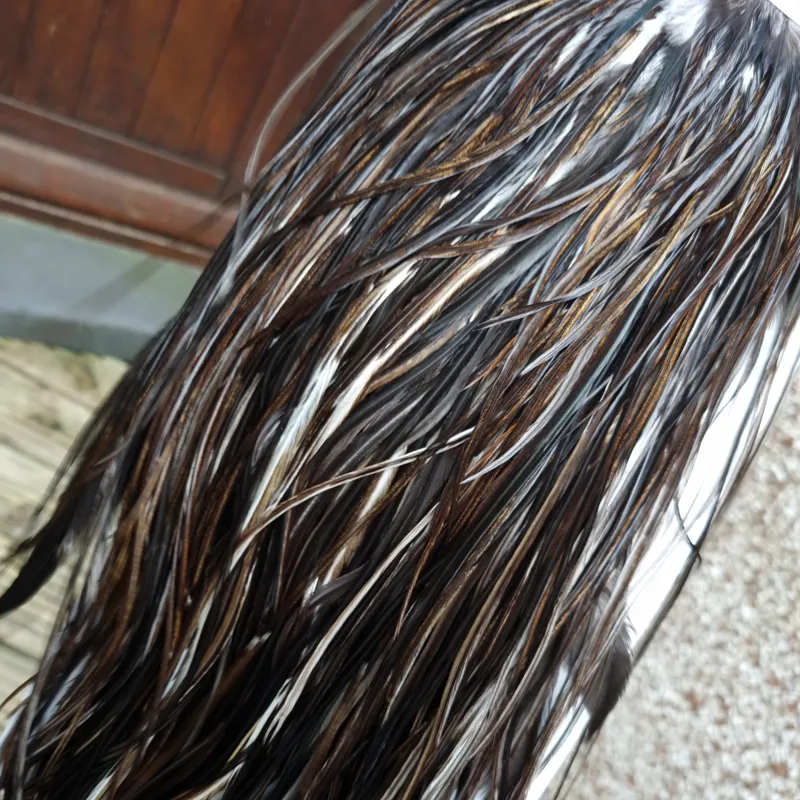 Whiting Heritage Hackles Rooster Saddle in Mixed Colours S Very Dark Chocolate Brown/ VERY Dark Speckled Badger/ Speckled Badger and splashed Unique Variant Hackles  Approx Tying Sizes 12/14/16-3