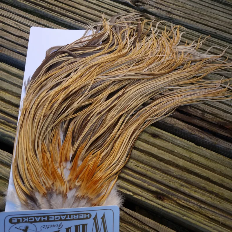 Whiting Heritage Hackles Rooster Saddle in Mixed Colours U Natural Golden Straw/ Natural Golden Straw Badger/Champagne Badger Approx.Tying Size 10/12/14-6