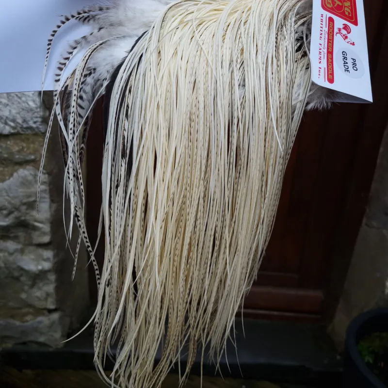 Whiting Pro-Grade Midge Rooster Saddle in Unique Variant A Pure White/Silver Badger/ Salt and Pepper Approx Tying Sizes 14 16 18 20 some going smaller