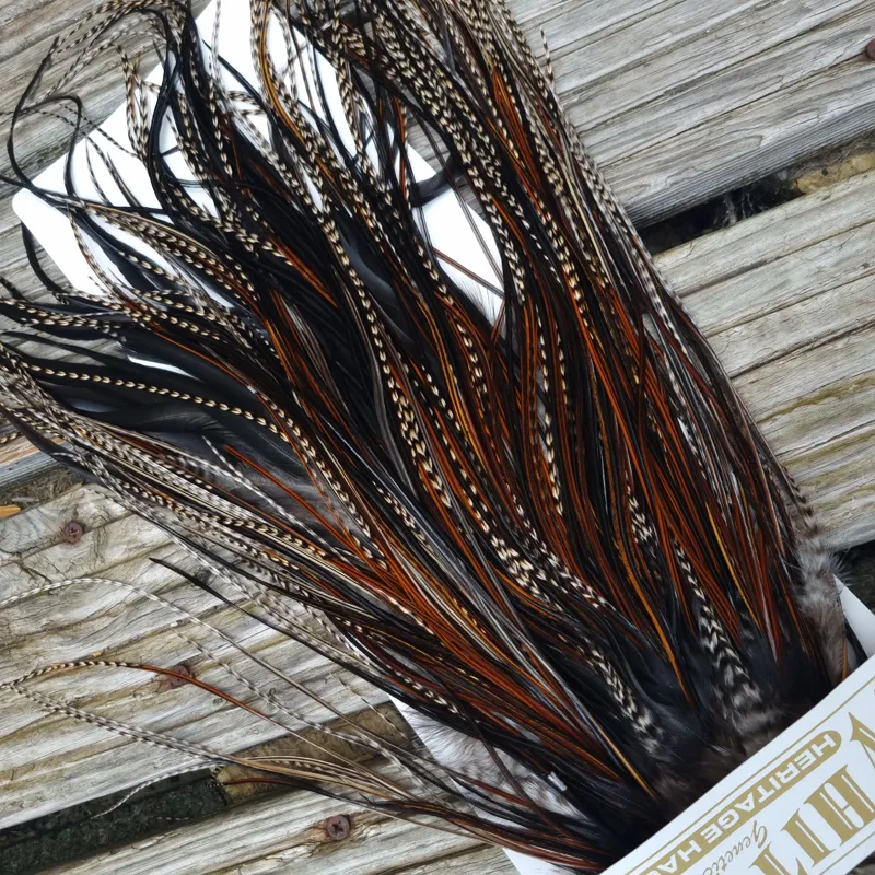 Whiting Heritage Hackles Rooster Saddle in Mixed Colours V Grizzly/Furnace/Natural Black/Speckled Furnace  Approx Tying size 10/12/14