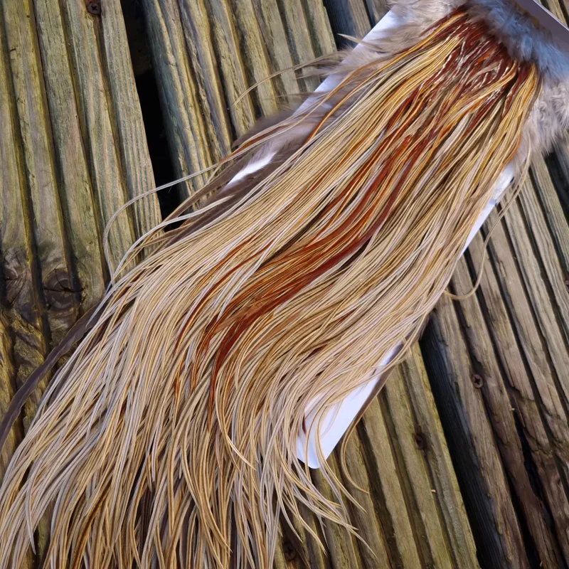 Whiting Heritage Hackles Rooster Saddle in Mixed Colours W Champagne Badger/Speckled Champagne Badger/ Badger Hackles/Rusty Badger/Rusty Hackles Approx Tying Size 12/14/16-5