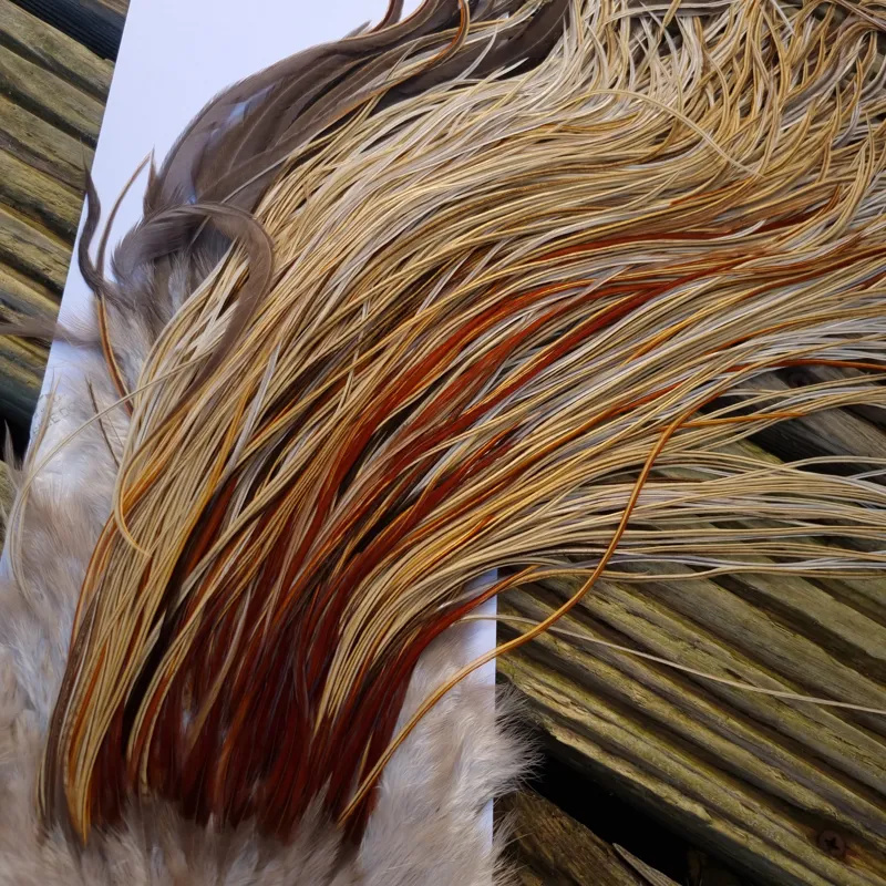 Whiting Heritage Hackles Rooster Saddle in Mixed Colours W Champagne Badger/Speckled Champagne Badger/ Badger Hackles/Rusty Badger/Rusty Hackles Approx Tying Size 12/14/16