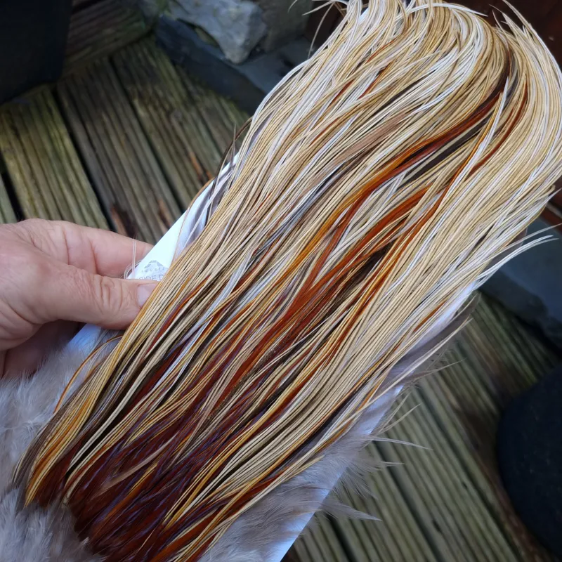 Whiting Heritage Hackles Rooster Saddle in Mixed Colours W Champagne Badger/Speckled Champagne Badger/ Badger Hackles/Rusty Badger/Rusty Hackles Approx Tying Size 12/14/16-10