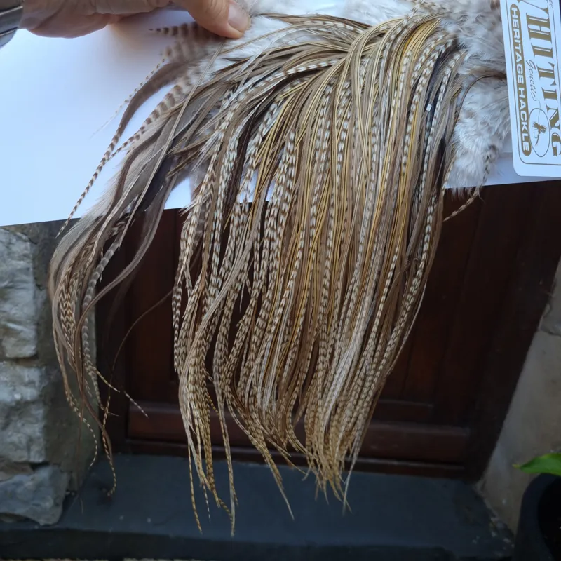 Whiting Heritage Hackles Rooster Saddle in Mixed Colours A Dun Grizzly/Golden Badger/Tan Dun/Brown Dun Tying Approx Tying Sizes 8/10/12 odd 14-3