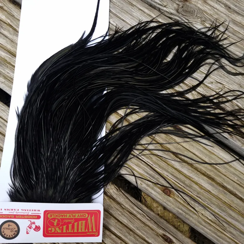 Whiting Bronze Grade Dry Fly Rooster Saddle in Black A Approx Tying Size 10/12/14 with a few 16-3