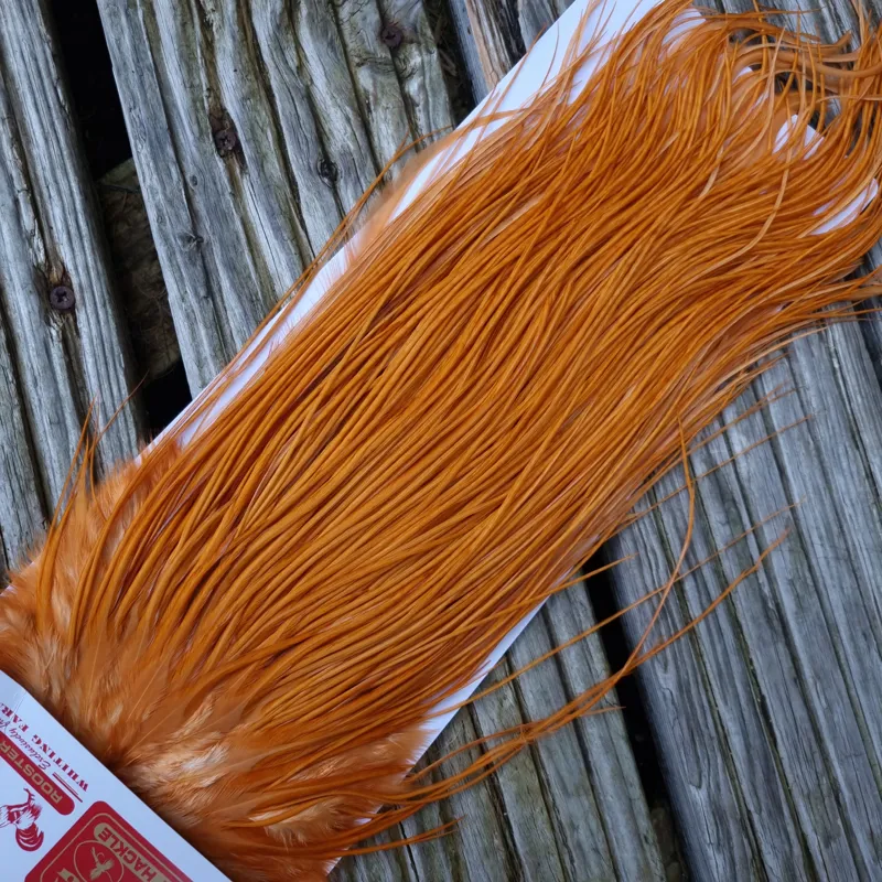Whiting Bronze Grade Dry Fly Rooster Saddle in White Dyed Golden Brown A Approx Tying Size 10/12/14/16-5