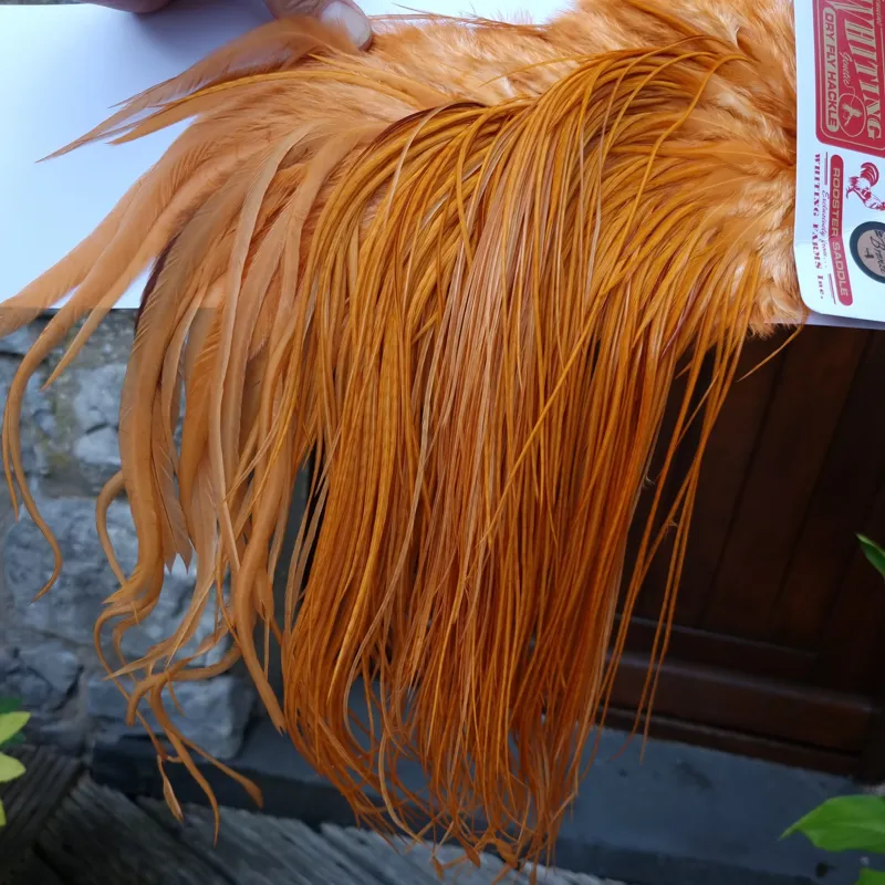 Whiting Bronze Grade Dry Fly Rooster Saddle in White Dyed Golden Brown A Approx Tying Size 10/12/14/16