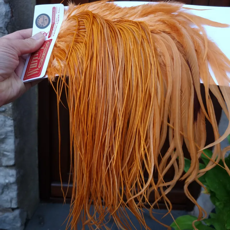 Whiting Bronze Grade Dry Fly Rooster Saddle in White Dyed Golden Brown A Approx Tying Size 10/12/14/16-2