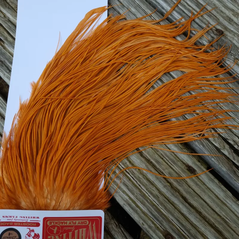 Whiting Bronze Grade Dry Fly Rooster Saddle in White Dyed Golden Brown B Approx Tying Size 10/12/14/16-1