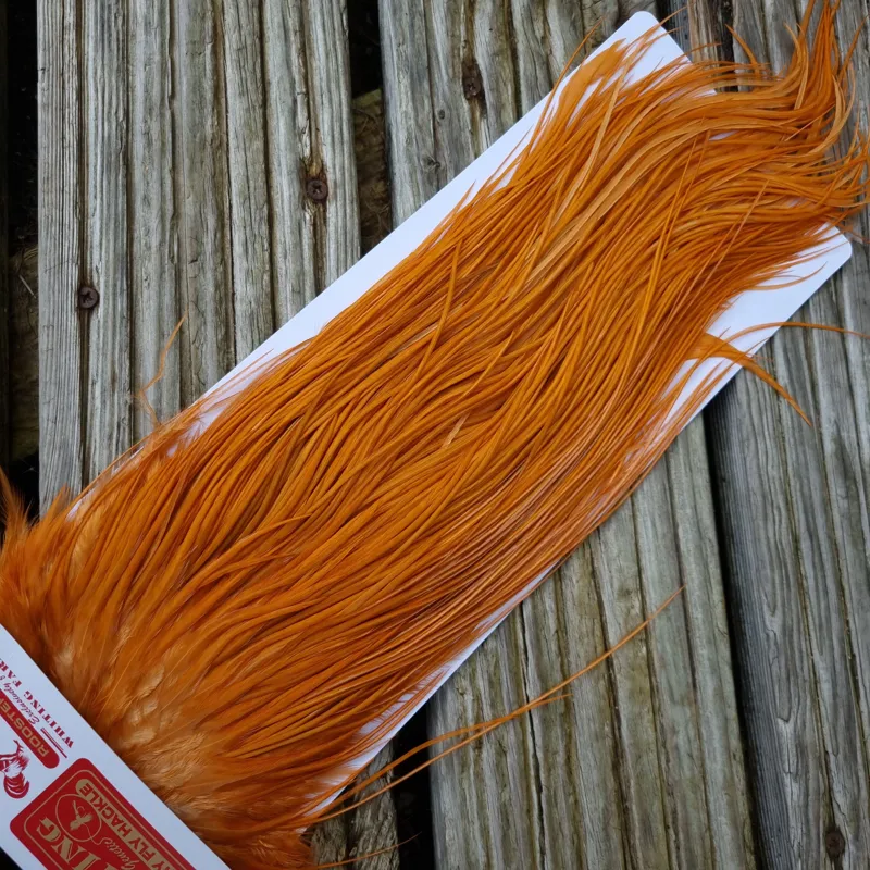 Whiting Bronze Grade Dry Fly Rooster Saddle in White Dyed Golden Brown B Approx Tying Size 10/12/14/16-5