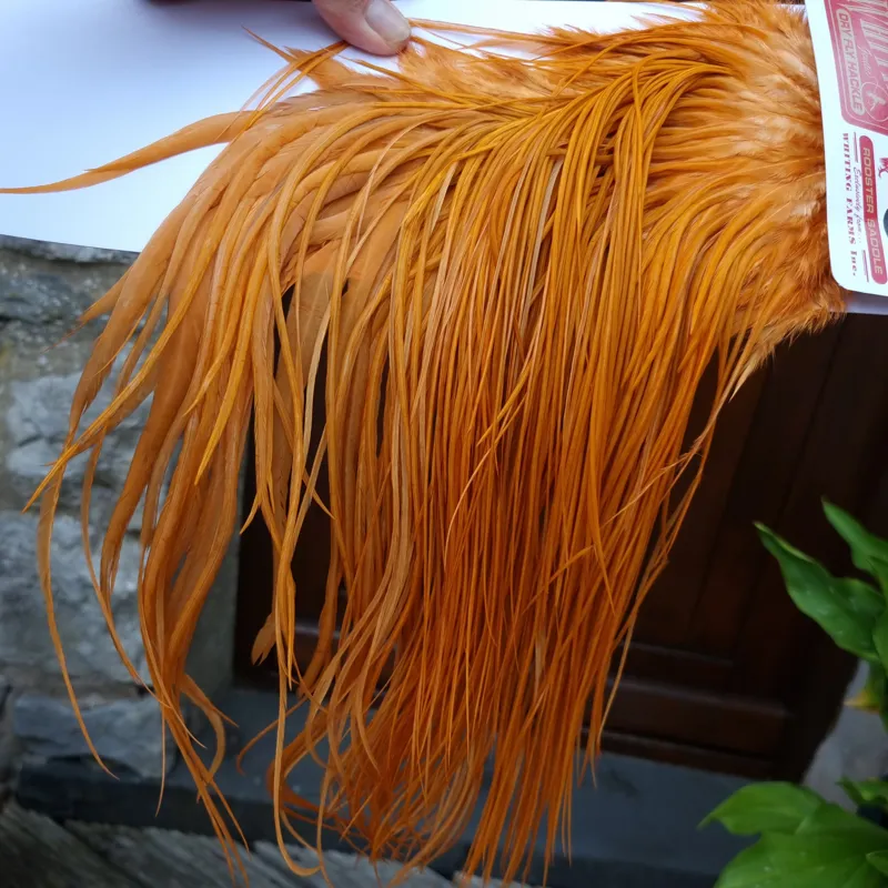 Whiting Bronze Grade Dry Fly Rooster Saddle in White Dyed Golden Brown B Approx Tying Size 10/12/14/16