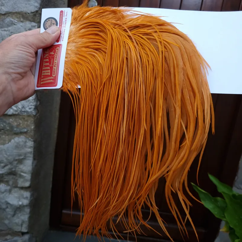 Whiting Bronze Grade Dry Fly Rooster Saddle in White Dyed Golden Brown B Approx Tying Size 10/12/14/16-3