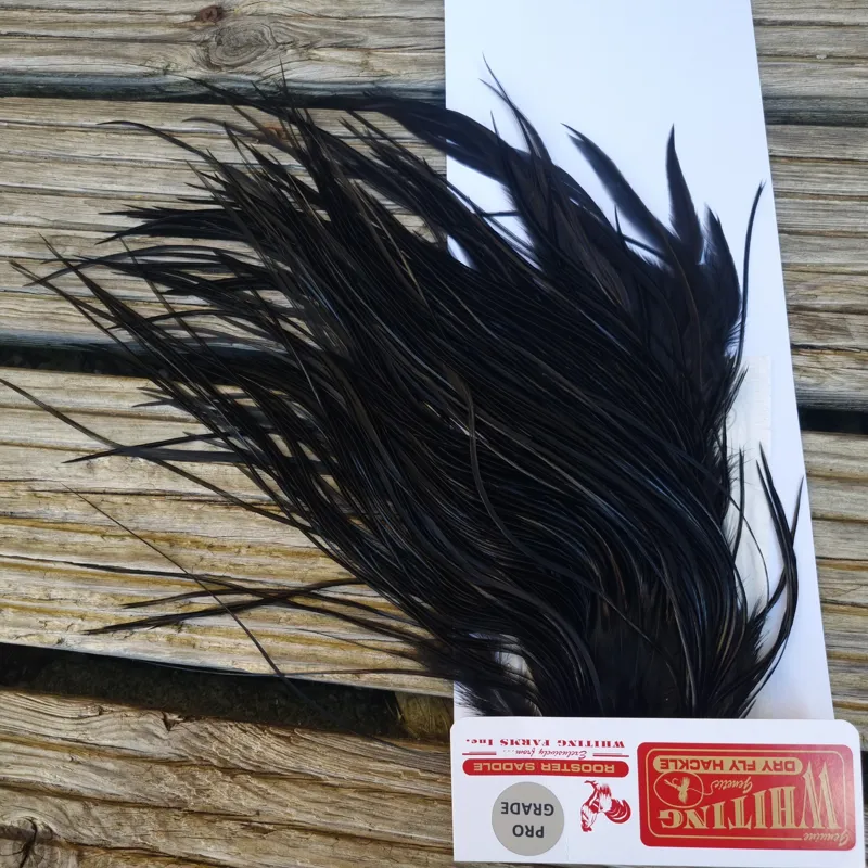Whiting PRO-GRADE Dry Fly Rooster Saddle in Black C Approx Tying Sizes Rammed with 10/12-3