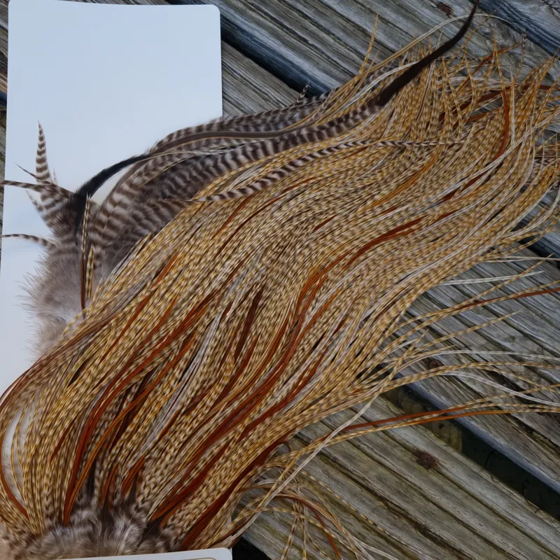 Whiting Heritage Hackles Rooster Saddle in Mixed Colours C Dun CREE Splashed with Furnace Tying Approx 12/14 with a few 16-6
