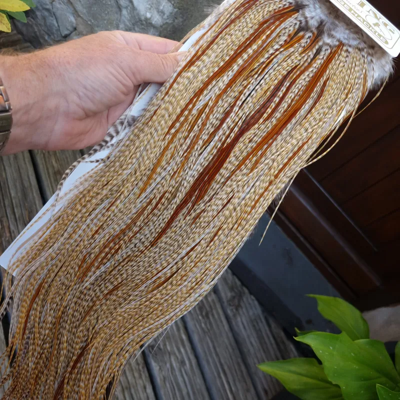 Whiting Heritage Hackles Rooster Saddle in Mixed Colours C Dun CREE Splashed with Furnace Tying Approx 12/14 with a few 16