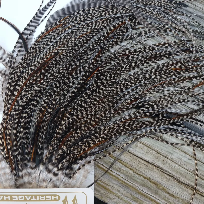 Whiting Heritage Hackles Rooster Saddle in Mixed Colours C Dark Grizzly Lightly Splashed with Natural Black/Furnace Hackles Tying Approx 10/12/14-6