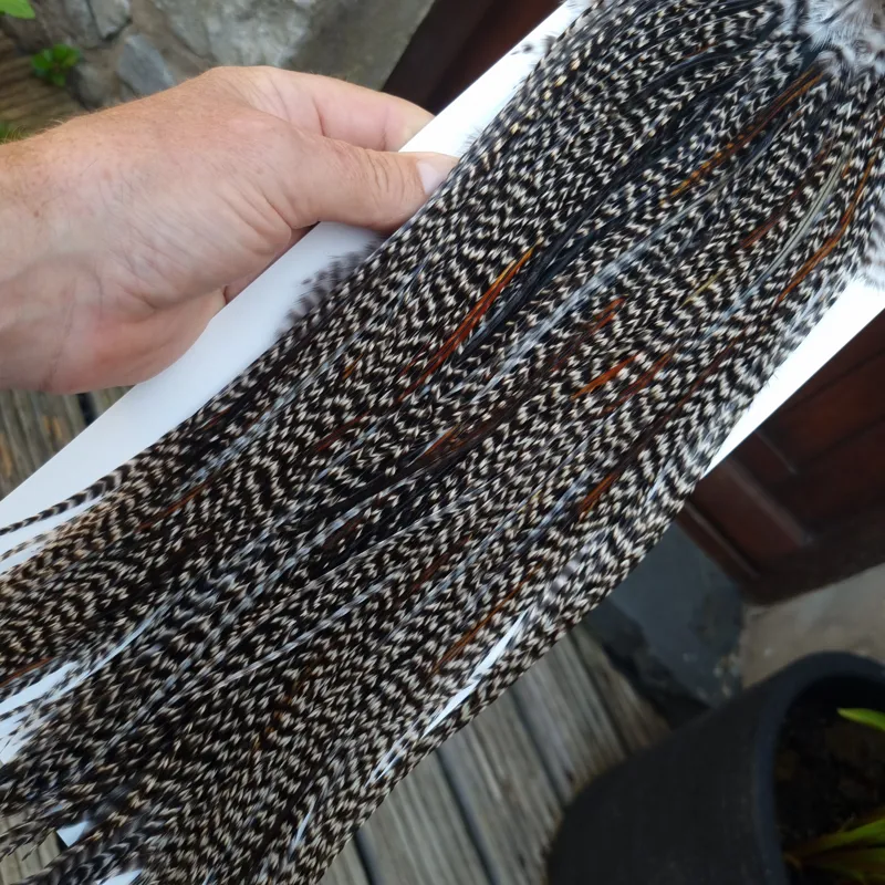 Whiting Heritage Hackles Rooster Saddle in Mixed Colours C Dark Grizzly Lightly Splashed with Natural Black/Furnace Hackles Tying Approx 10/12/14-8