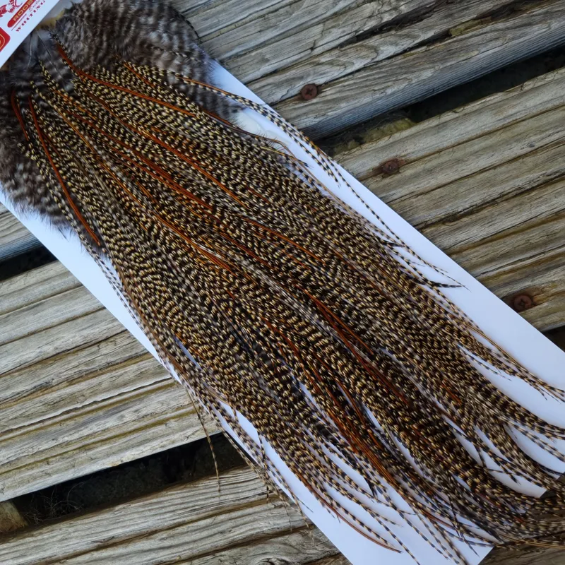 Whiting PRO-Grade Midge Rooster Saddle in CREE A Classic Cree Splashed with Furnace Approx tying size odd 14 and stuffed with 16/18/20-5