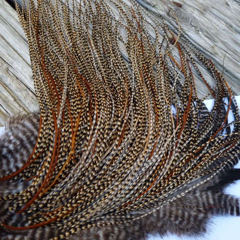 Whiting PRO-Grade Midge Rooster Saddle in CREE A Classic Cree Splashed with Furnace Approx tying size odd 14 and stuffed with 16/18/20-2
