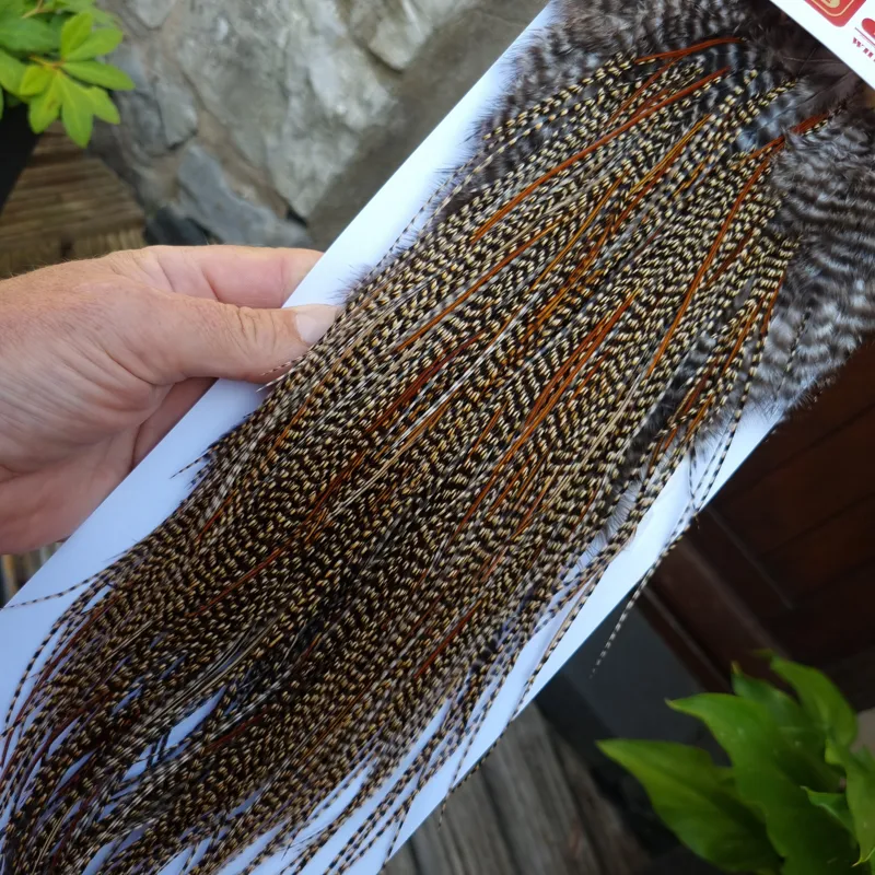 Whiting PRO-Grade Midge Rooster Saddle in CREE A Classic Cree Splashed with Furnace Approx tying size odd 14 and stuffed with 16/18/20-8