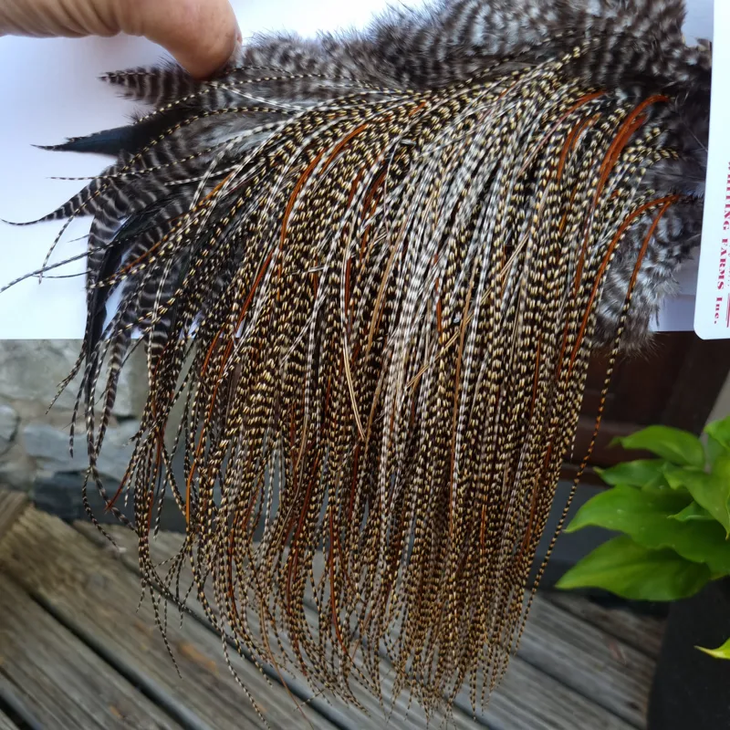 Whiting PRO-Grade Midge Rooster Saddle in CREE A Classic Cree Splashed with Furnace Approx tying size odd 14 and stuffed with 16/18/20-7