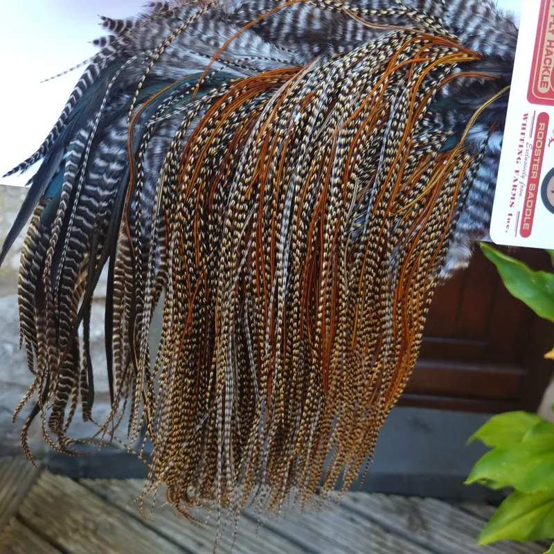 Whiting Bronze Grade Midge Rooster Saddle in CREE C Classic Cree Splashed with Furnace and Greenwells hackles Approx Tying Size 14/16/18 some 20s-7