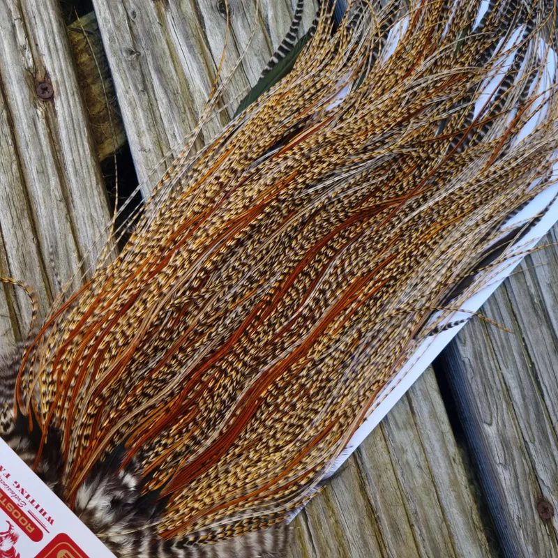 Whiting Bronze Grade Midge Rooster Saddle in CREE D Classic Cree Splashed with Furnace Hackles Approx Tying Size 14/16/18 with a few smaller-1