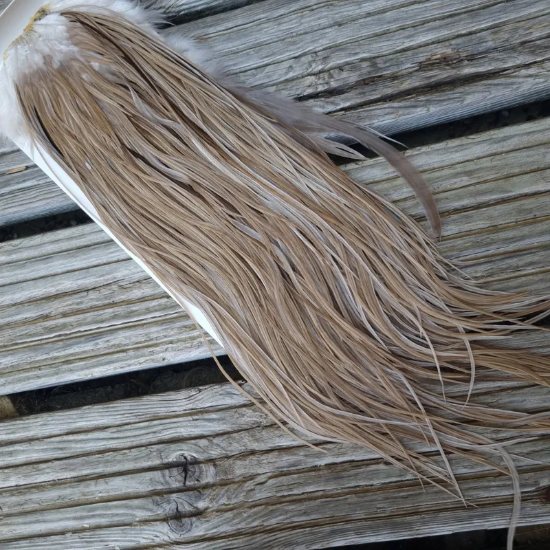 Whiting Heritage Hackles Rooster Saddle in Mixed Colours D Sandy Dun/Light to Dark Tan Dun/ Splashed with Medium to Dark Brown Dun Tying Approx 10/12/14-1