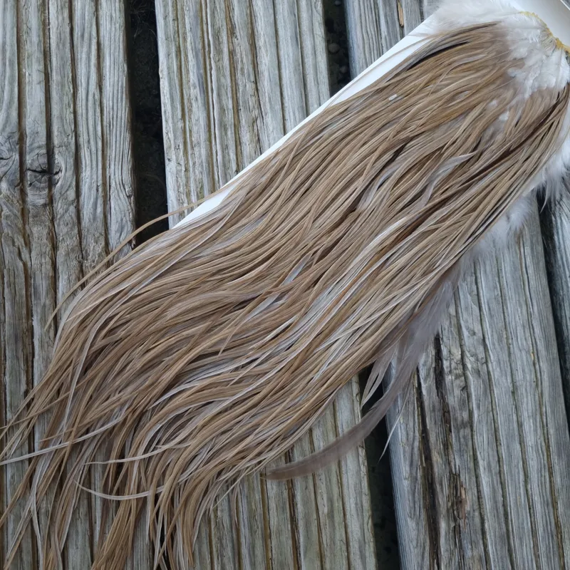 Whiting Heritage Hackles Rooster Saddle in Mixed Colours D Sandy Dun/Light to Dark Tan Dun/ Splashed with Medium to Dark Brown Dun Tying Approx 10/12/14-3