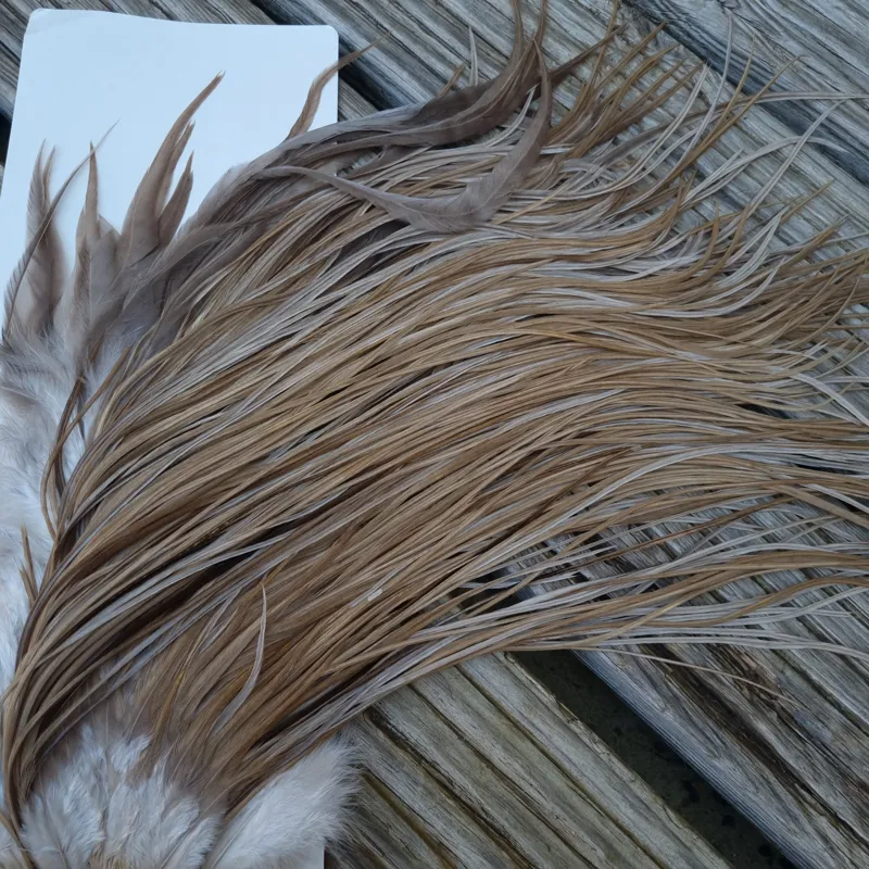 Whiting Heritage Hackles Rooster Saddle in Mixed Colours D Sandy Dun/Light to Dark Tan Dun/ Splashed with Medium to Dark Brown Dun Tying Approx 10/12/14-4