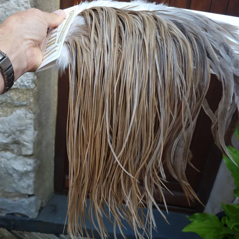 Whiting Heritage Hackles Rooster Saddle in Mixed Colours D Sandy Dun/Light to Dark Tan Dun/ Splashed with Medium to Dark Brown Dun Tying Approx 10/12/14-2