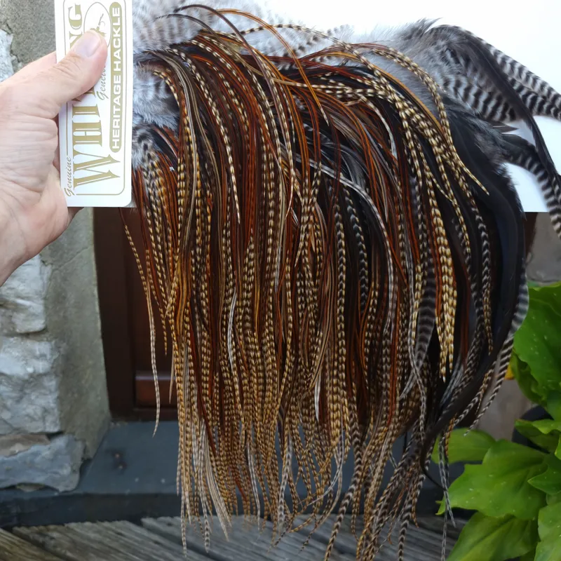 Whiting Heritage Hackles Rooster Saddle in Mixed Colours E CREE/Furnace/Rusty Dun Tying approx size 10/12/14-9