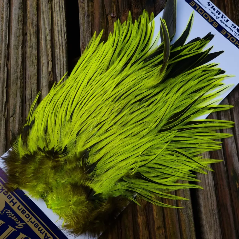 Whiting American Rooster Saddle in Silver Badger Dyed Fl.Yellow Chartreuse-1