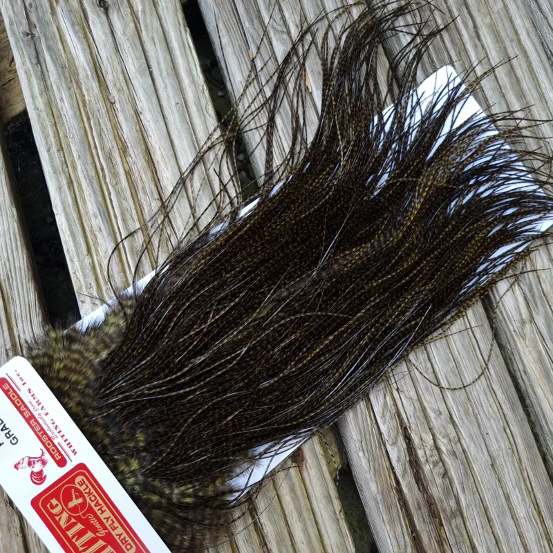 Whiting Pro-Grade Midge Rooster Saddle in Grizzly Dyed Dark Olive/ VERY DARK OLIVE GRIZZLY A Approx Tying Sizes Stuffed with 18/20/22/24/26 and out of sight-4