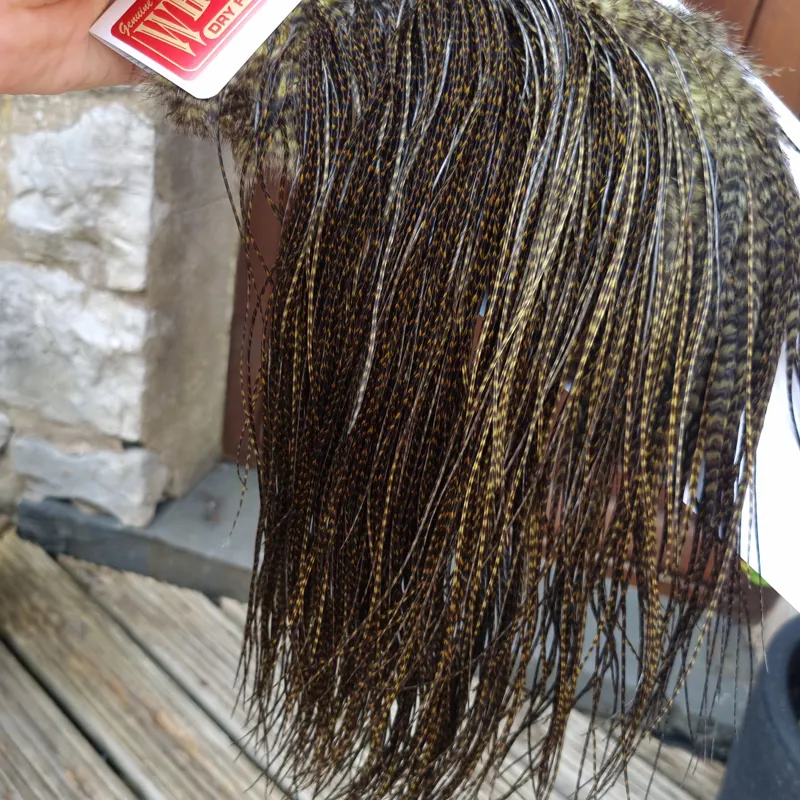 Whiting Pro-Grade Midge Rooster Saddle in Grizzly Dyed Dark Olive/ VERY DARK OLIVE GRIZZLY A Approx Tying Sizes Stuffed with 18/20/22/24/26 and out of sight