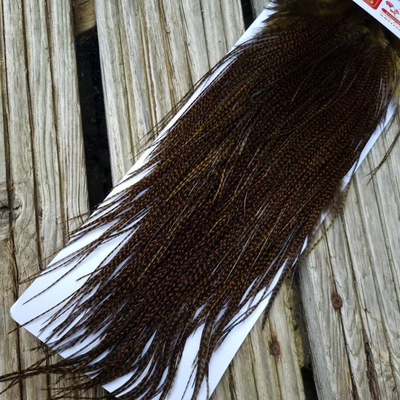 Whiting Pro-Grade Midge Rooster Saddle in Grizzly Dyed Dark Olive B Approx Tying Sizes 14 16 18 with a few going smaller-1