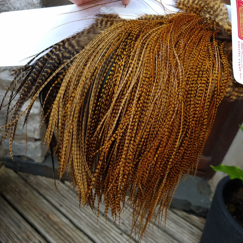 Whiting Pro-Grade Midge Rooster Saddle in Grizzly Dyed March Brown B Grizzly March Brown/Splashed with Badger March Brown Approx Tying Sizes  14 16 18 20 22 24 and OUT OF SIGHT	