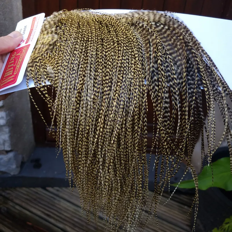Whiting Pro-Grade Midge Rooster Saddle in Grizzly Dyed Pale Yellow B Approx Tying Size Few 14 and Stuffed with 16/18/20 with a few going Smaller-5