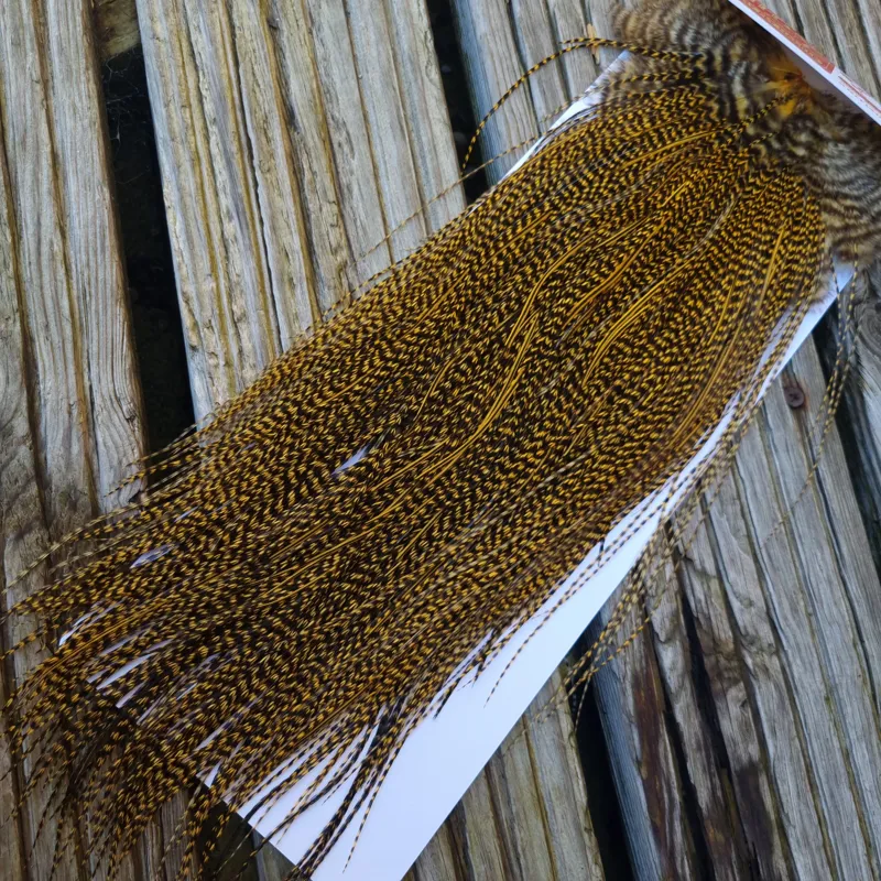Whiting Pro-Grade Midge Rooster Saddle in Grizzly Golden Straw B Approx Tying Sizes 14/16/18/20/22/24 and out of sight-2