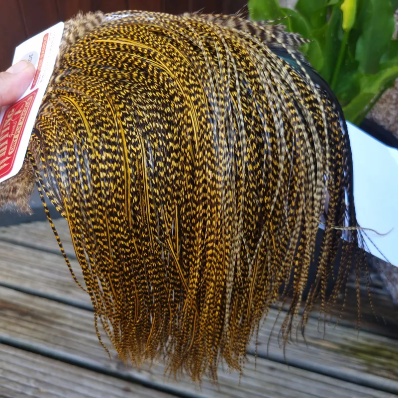 Whiting Pro-Grade Midge Rooster Saddle in Grizzly Golden Straw B Approx Tying Sizes 14/16/18/20/22/24 and out of sight