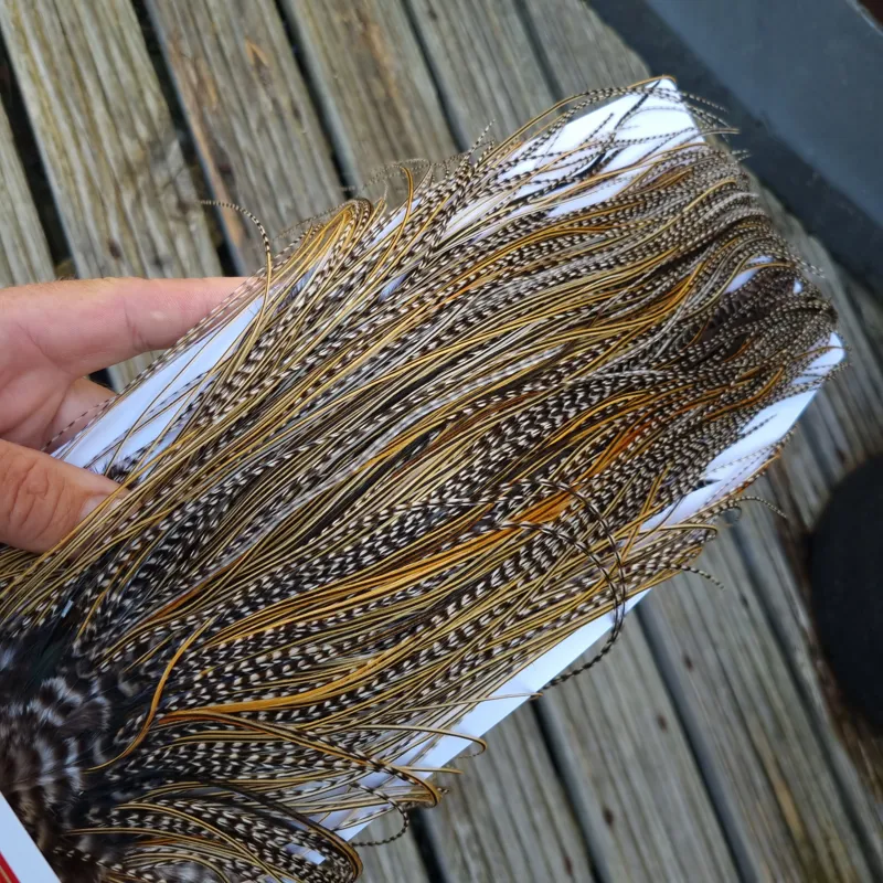 Whiting Pro-Grade Midge Rooster Saddle in Grizzly Variant B Classic Grizzly Splashed with Golden Badger Approx Tying Sizes Few 14 and Stuffed with16/18/20/22 and a few smaller-2