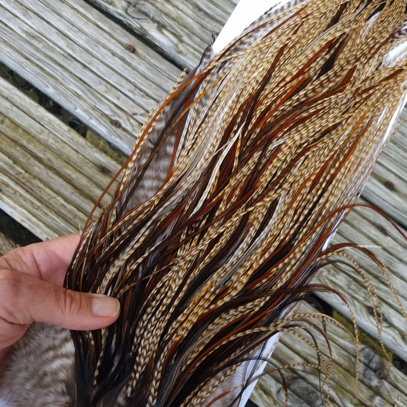 Whiting Heritage Hackles Rooster Saddle in Mixed Colours K Dun Cree/Furnace/Coch-y-Bonddu/Rusty Dun/Natural Black Tying Approx 10/12 /14 with a few 16-3