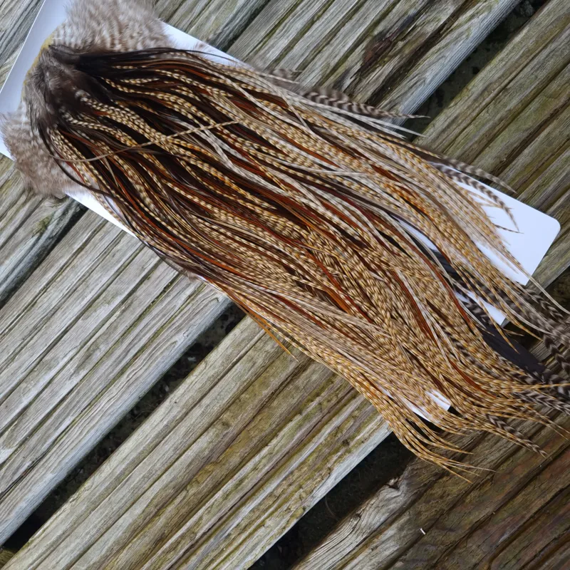 Whiting Heritage Hackles Rooster Saddle in Mixed Colours K Dun Cree/Furnace/Coch-y-Bonddu/Rusty Dun/Natural Black Tying Approx 10/12 /14 with a few 16-6