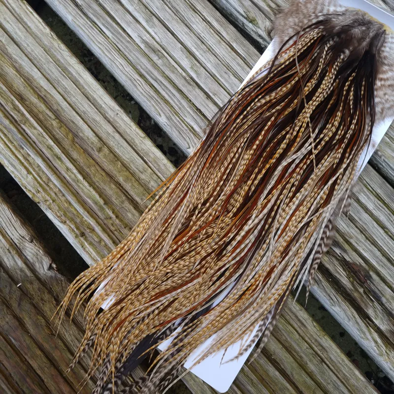Whiting Heritage Hackles Rooster Saddle in Mixed Colours K Dun Cree/Furnace/Coch-y-Bonddu/Rusty Dun/Natural Black Tying Approx 10/12 /14 with a few 16-7